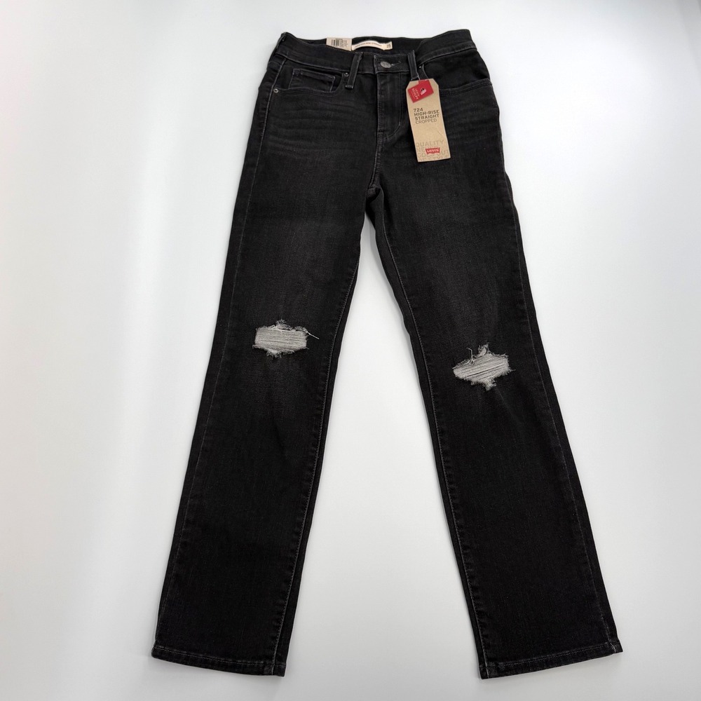 Levis 724 Straight Cropped Jeans Womens 25 Black NEW Distressed High Rise